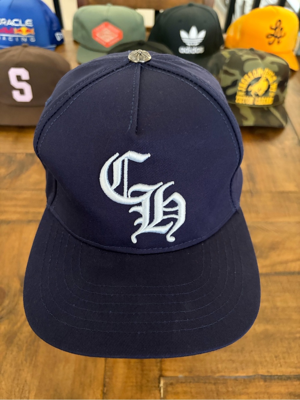 Chrome Hearts Navy Hat with White CH Script Logo